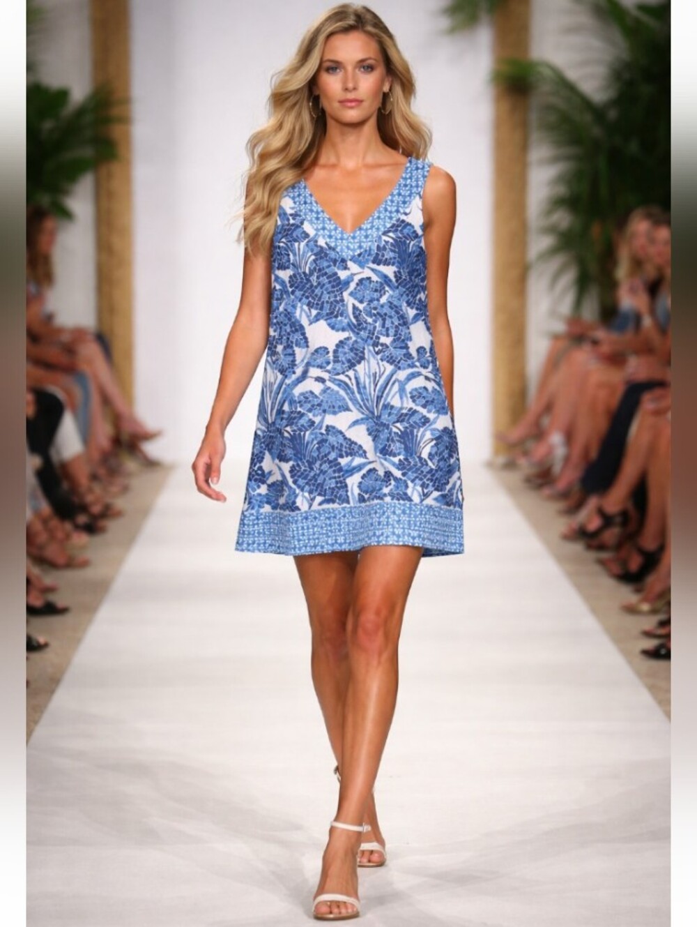 Tribal Blue and White Floral V-Neck Swim Coverup